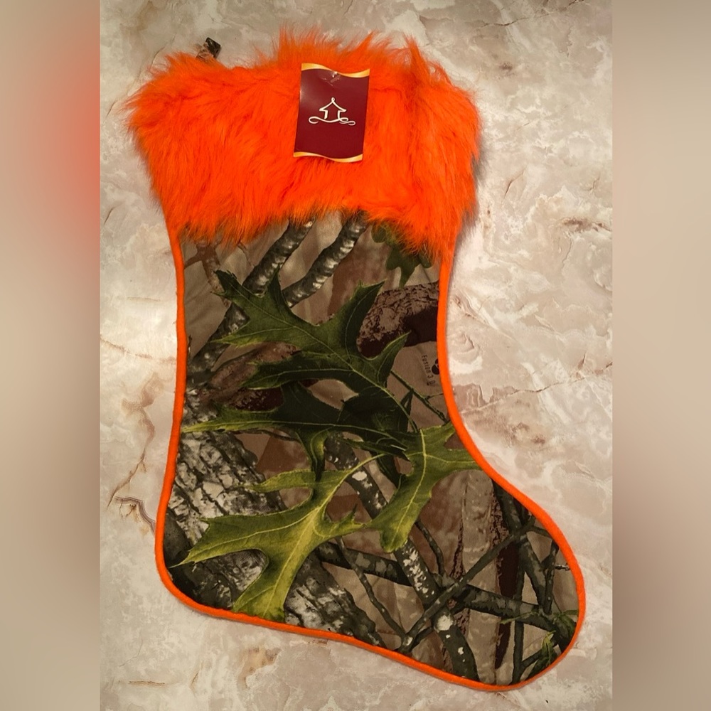 Camouflage Fusion 3D Hunting Army Hanging Christmas Stocking NWT Orange Fuzzy